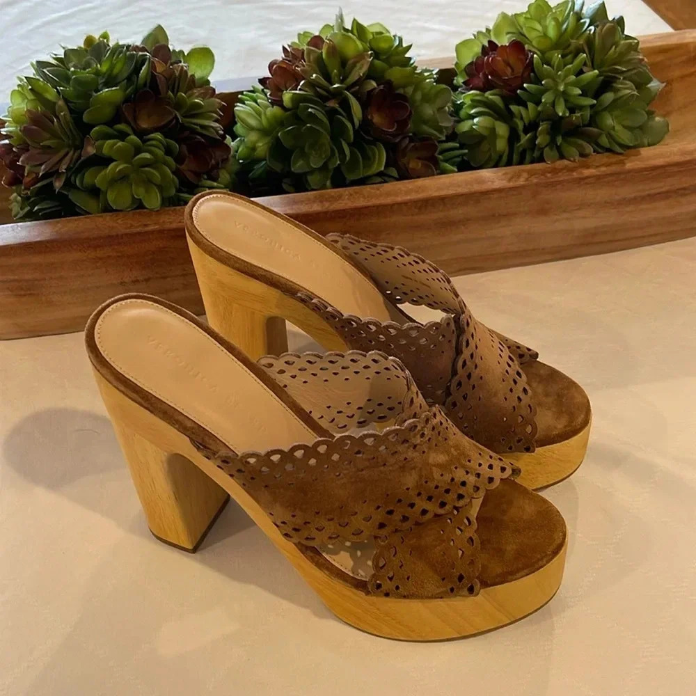 Veronica Beard Tan Suede Platform Mules with Wooden Block Heel